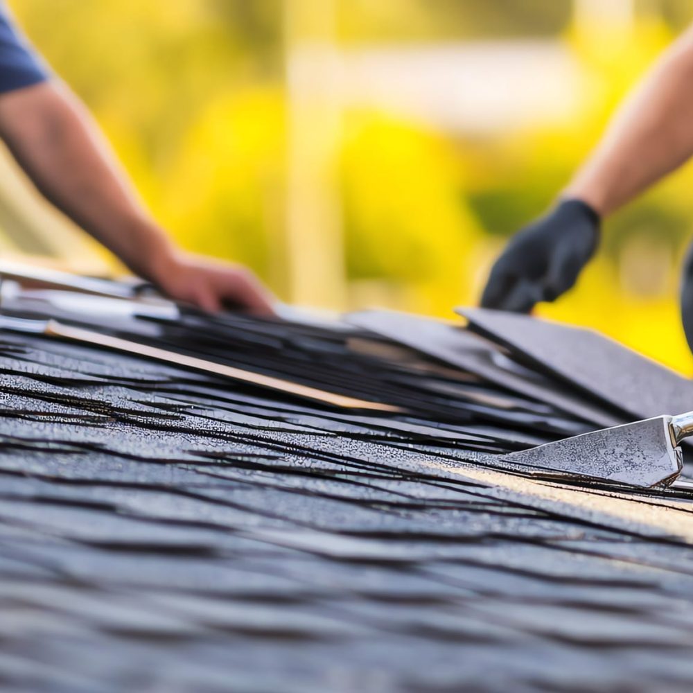 Skilled workers installing roofing materials. Skilled workers installing roofing materials.